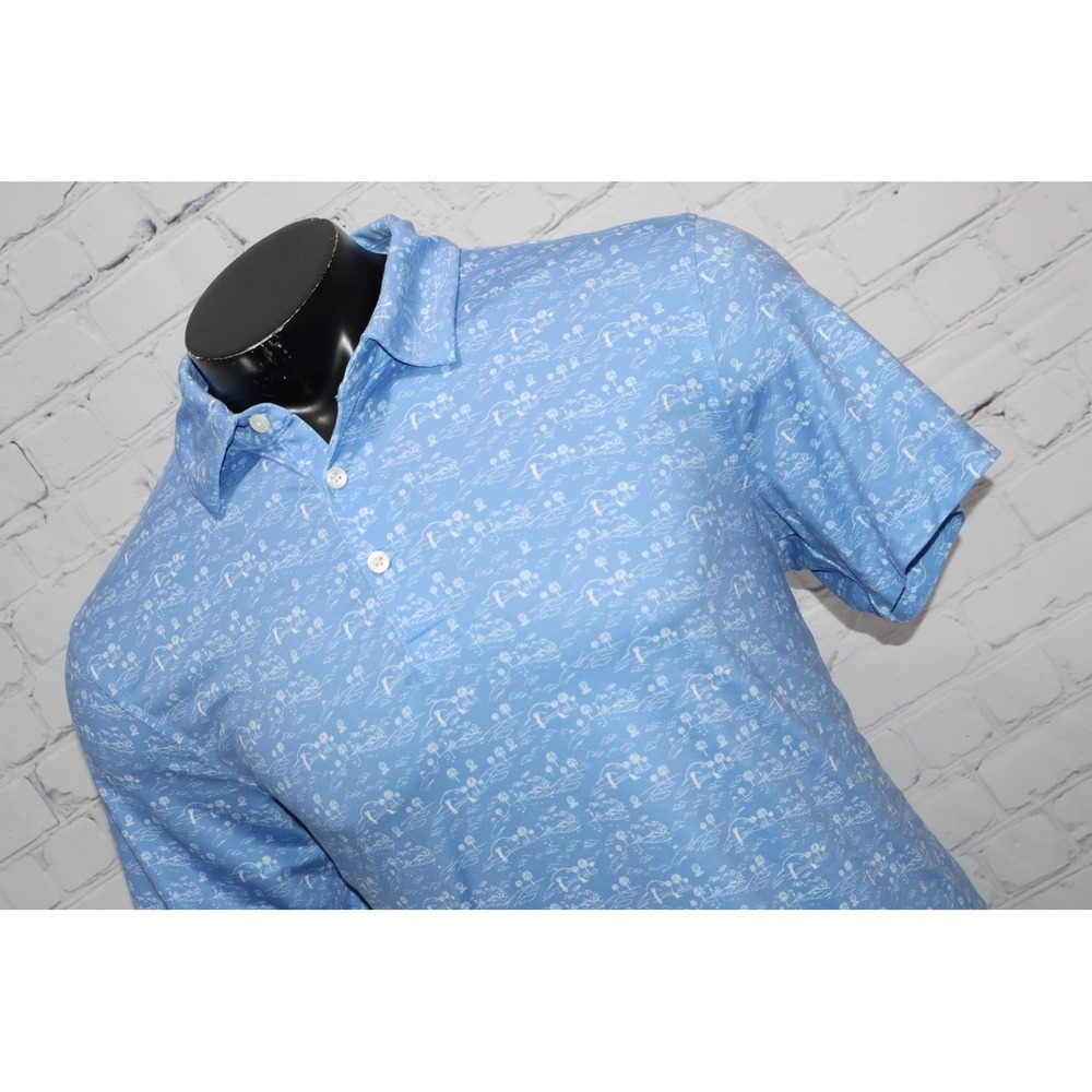 J.Crew Performance Golf Polo Mens Large Blue Hawaiian Palm Tree Short Sleeve
